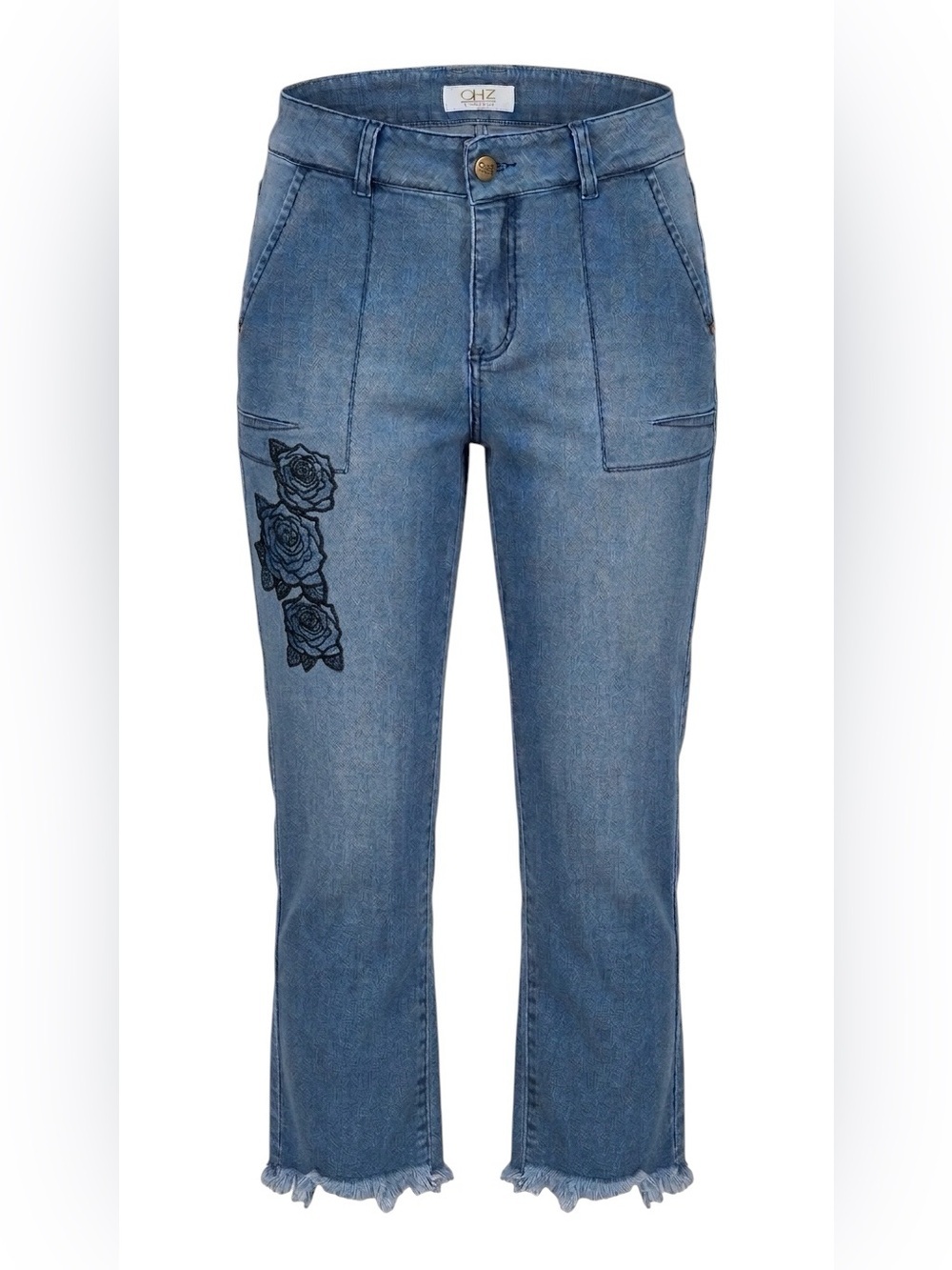 CHZ Chazari Embroidered Rose Raw Hem Cropped Jeans - Blue